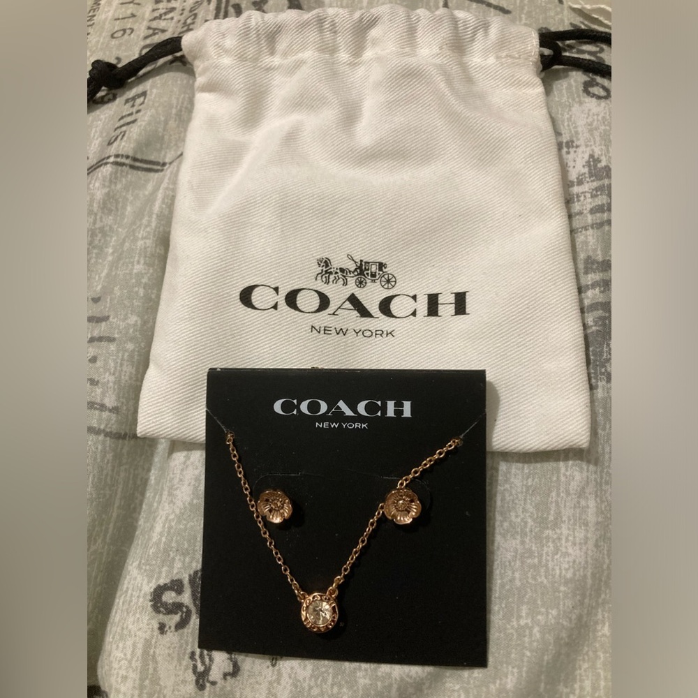 COACH open Circle Stone Necklace & Halo Tea Rose Earring set. NWT